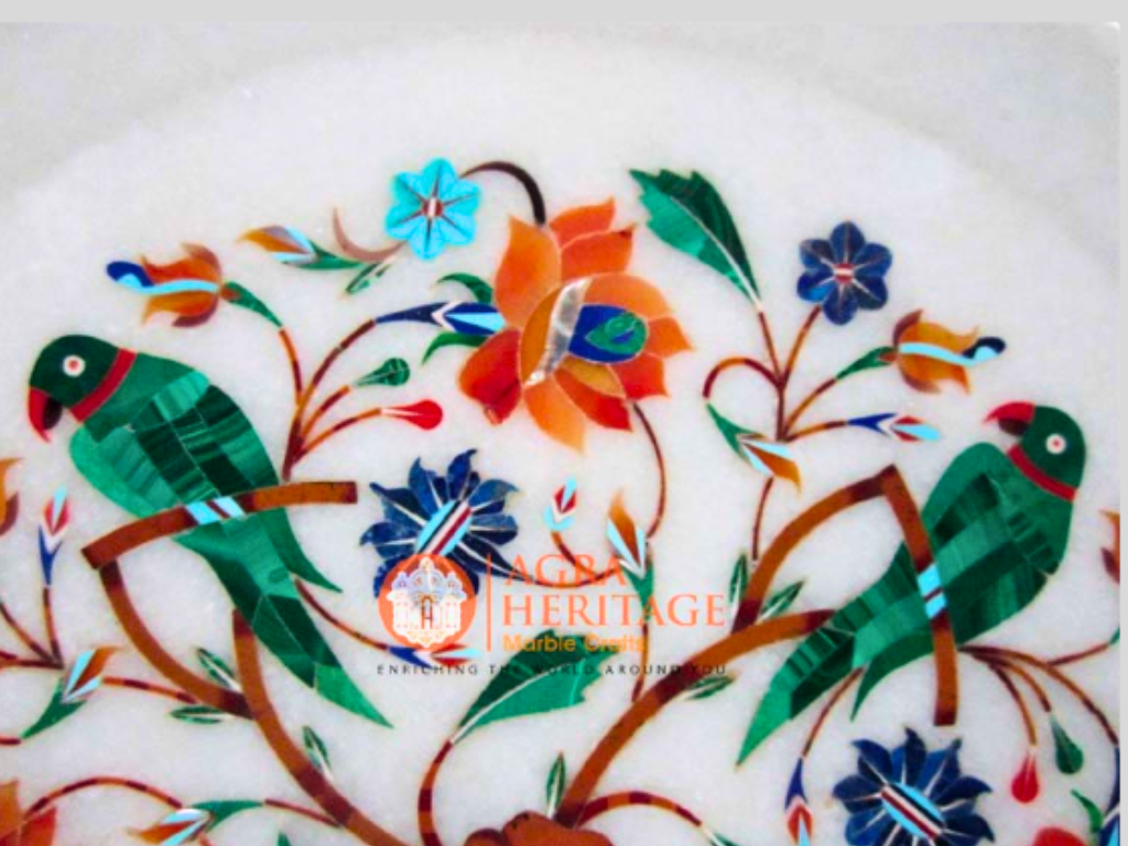 Parrot Art Multi Color Stone Inlay Floral Design Plate Decor